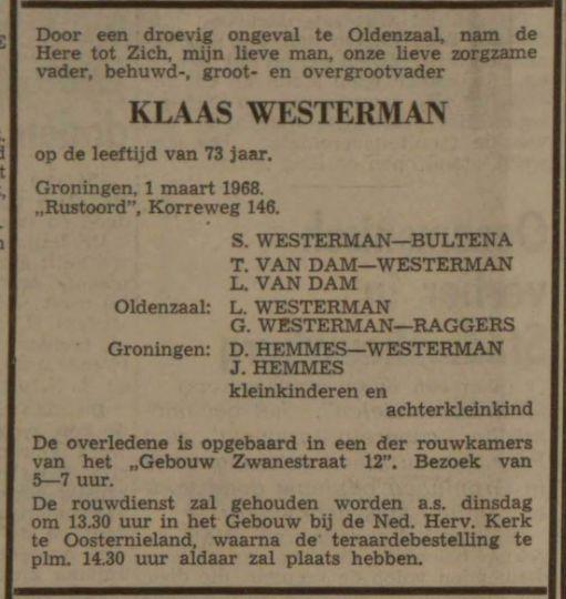 overlijdensadvertentie klaas westerman on 1 Mar 1968.
